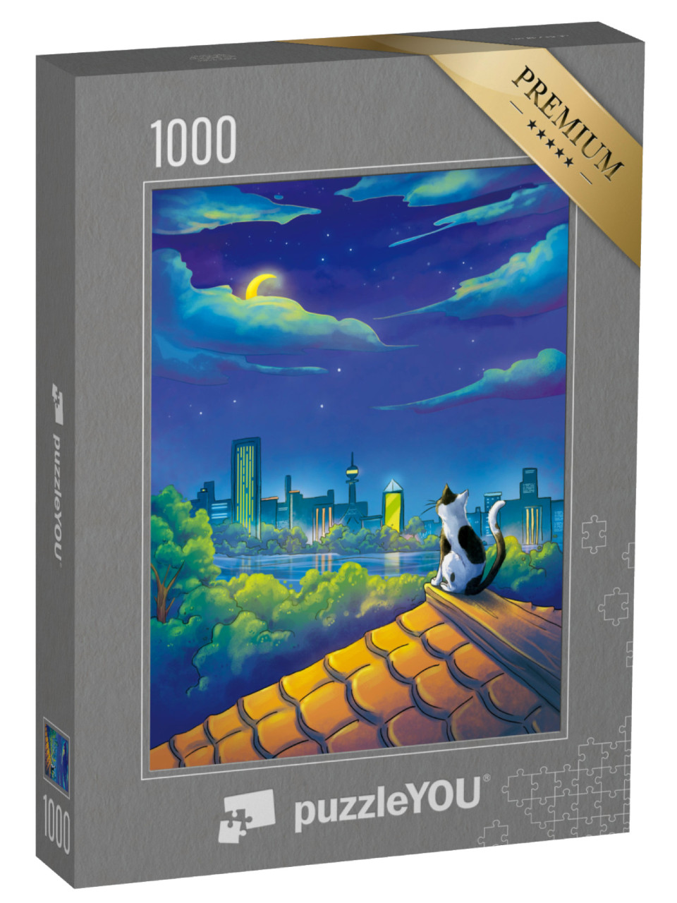 Puzzel 1000 stukjes „Kat in de maanverlichte nacht“