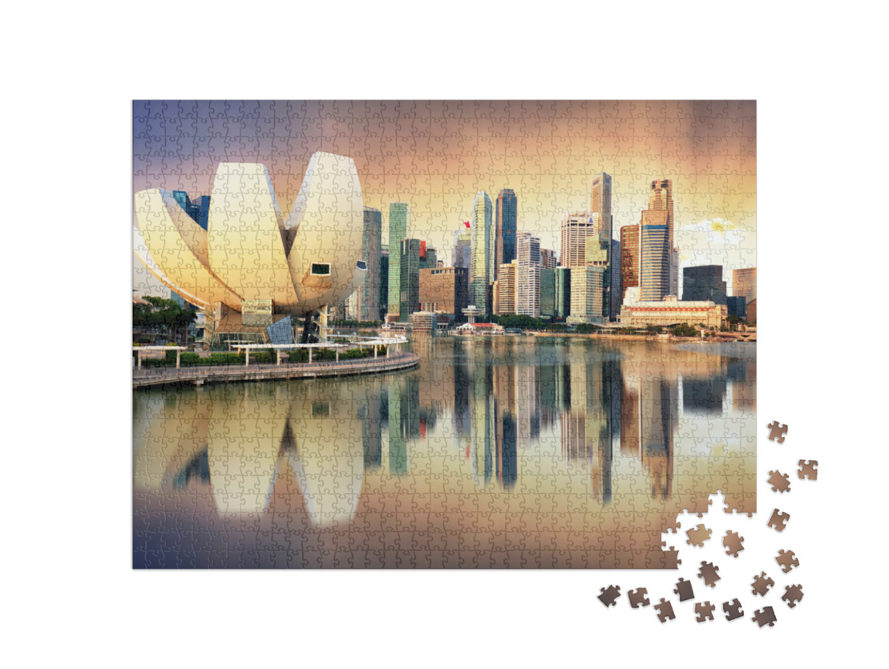 Puzzel 1000 stukjes „Singaporese skyline bij de jachthaven in het avondlicht“