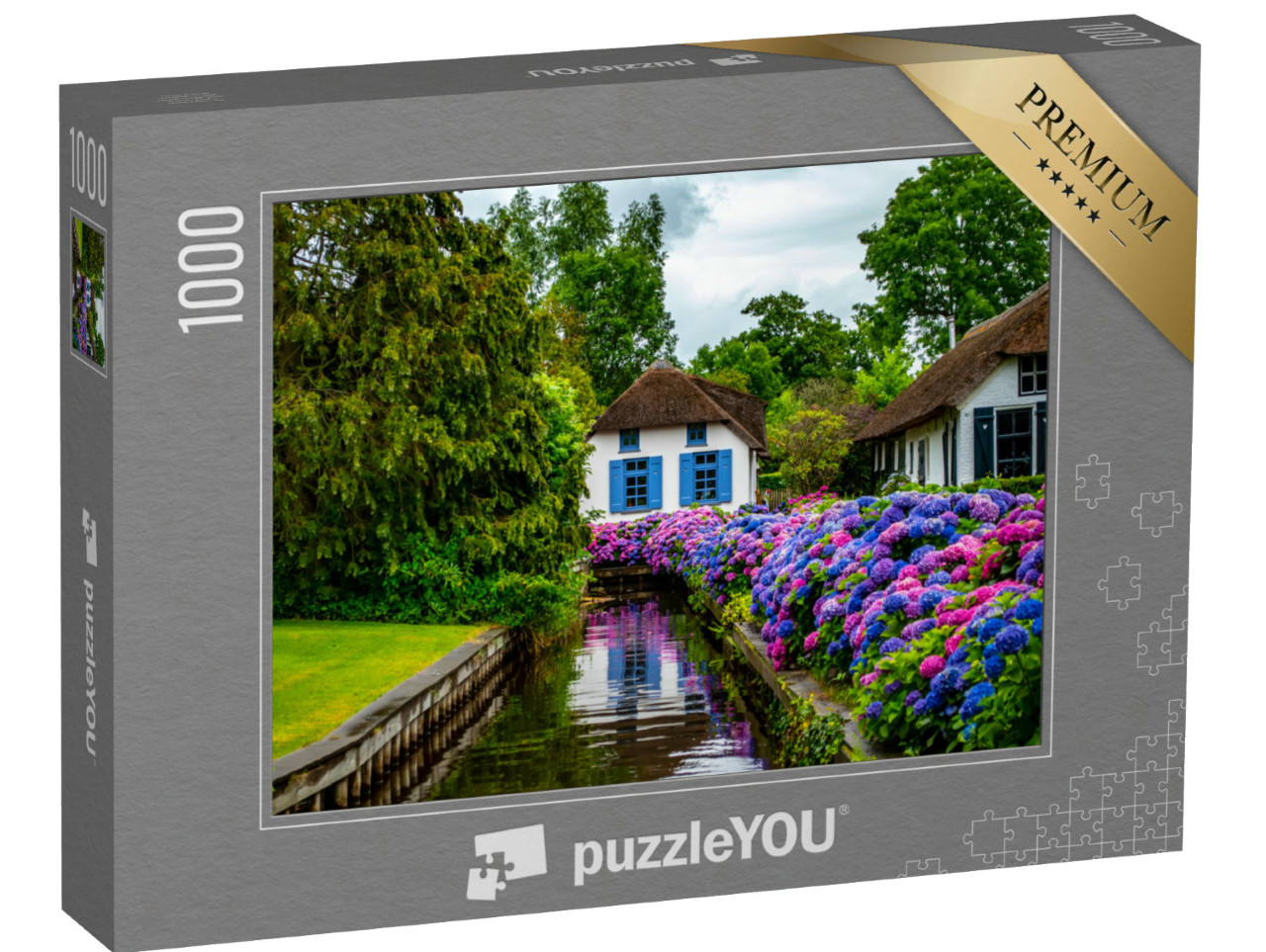 Puzzel 1000 stukjes „Giethoorn in Nederland, met prachtige landhuizen, waterkanalen en kleurrijke bloemen“