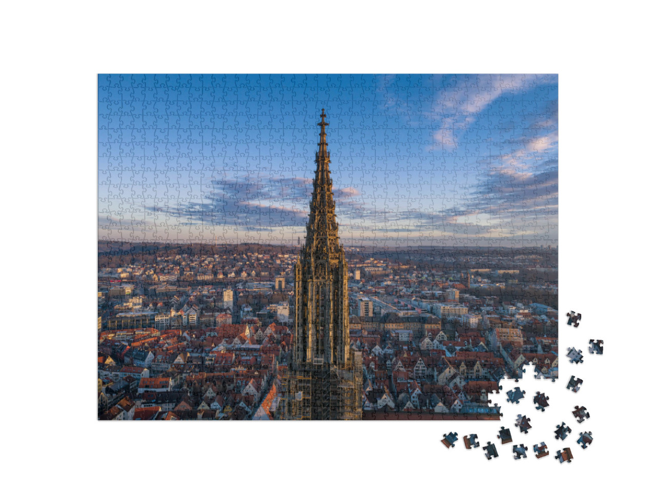 Puzzel 1000 stukjes „Ulm Minster bij zonsopgang, drone-opname, Duitsland“