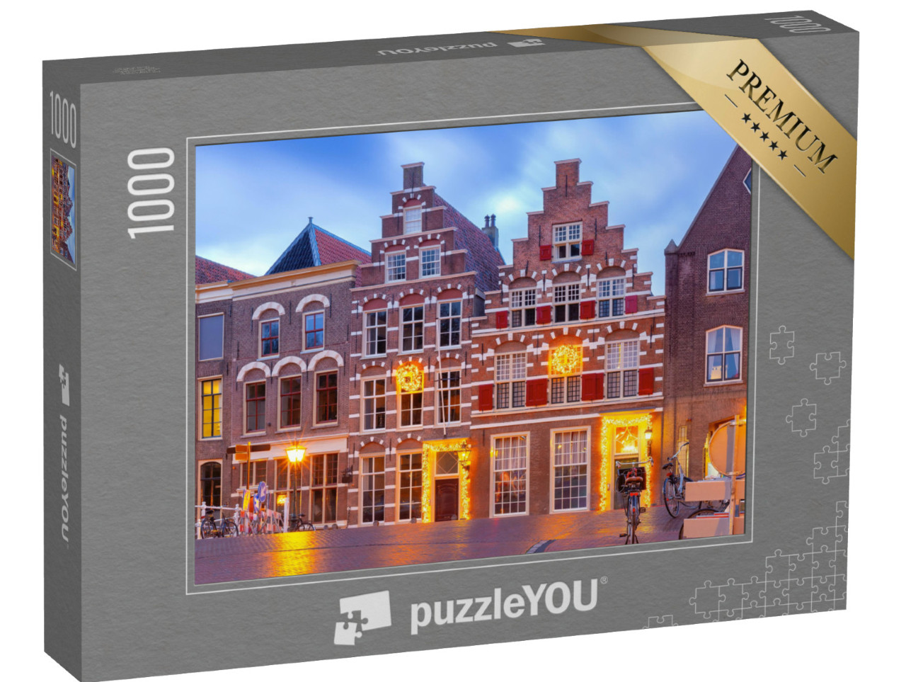 Puzzel 1000 stukjes „Stadspoort en Morspoortbrug in Leiden tijdens het blauwe uur, Zuid-Holland“