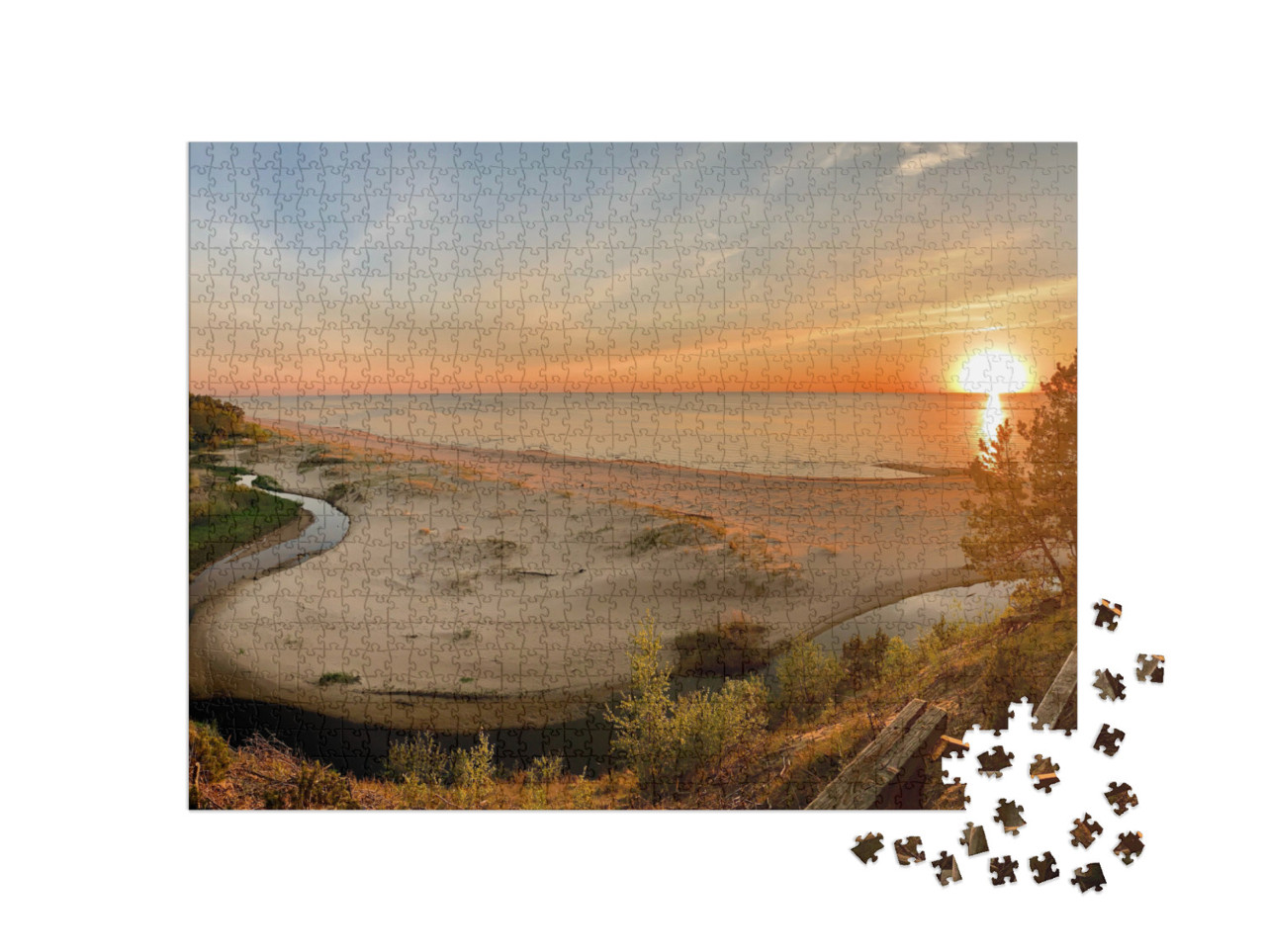 Puzzel 1000 stukjes „Panoramisch uitzicht op de Baltische Zee en het strand bij zonsondergang, Saulkrasti, Letland“