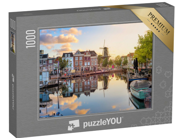 Puzzel 1000 stukjes „Oude binnenstad van Leiden, uitzicht op de Beestenmarkt en molen De Valk“