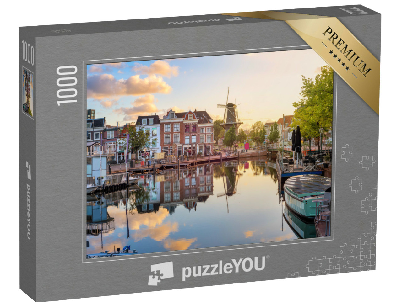 Puzzel 1000 stukjes „Oude binnenstad van Leiden, uitzicht op de Beestenmarkt en molen De Valk“