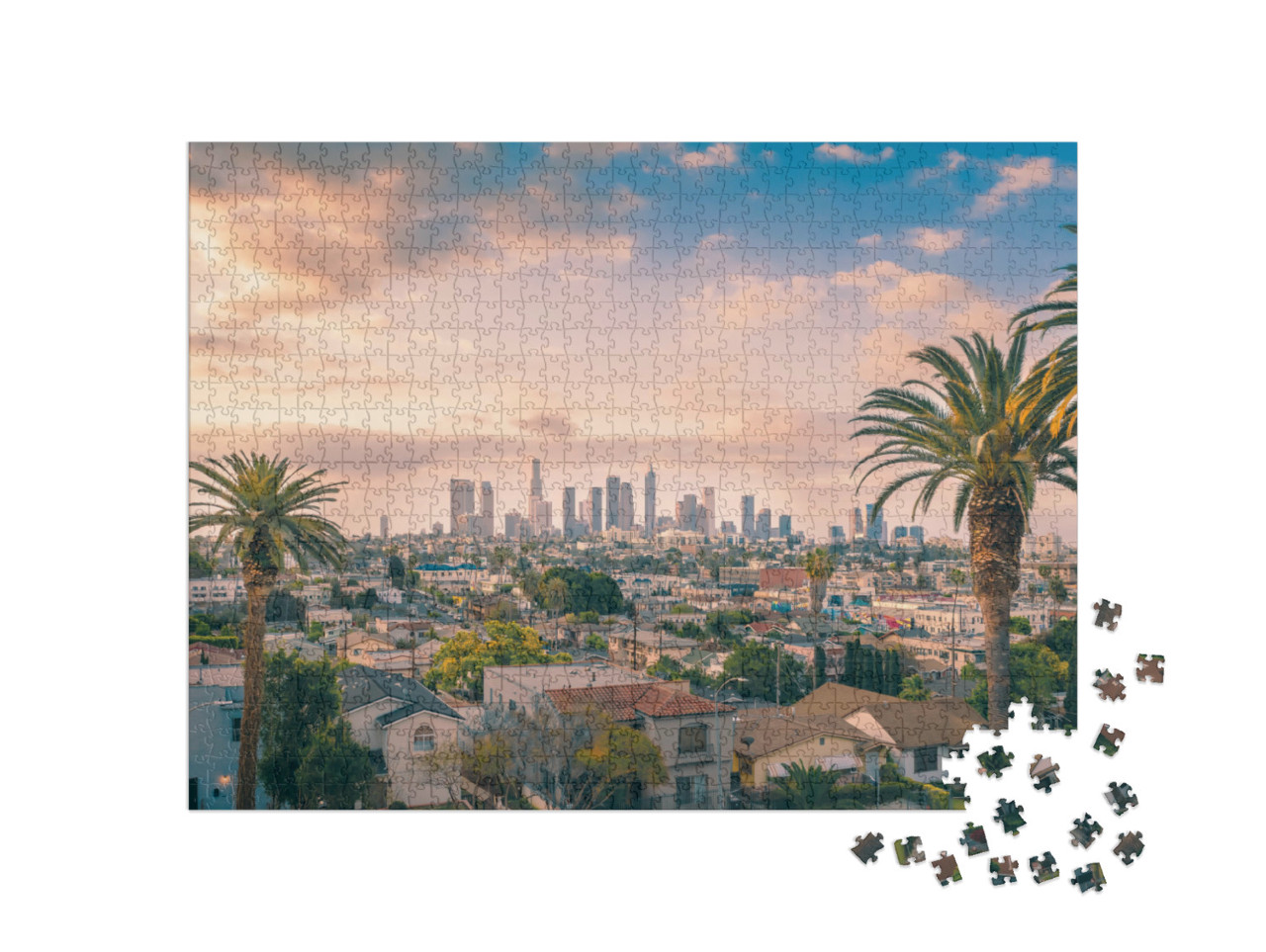 Puzzel 1000 stukjes „De skyline van de binnenstad van Los Angeles met palmbomen“