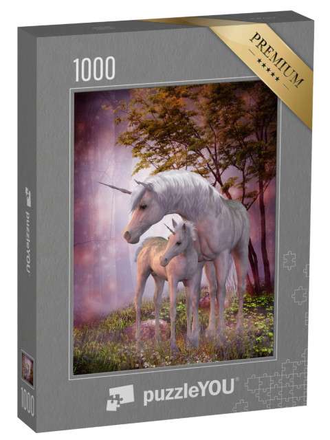 Puzzel 1000 stukjes „Eenhoornmerrie en veulen in het magische bos“