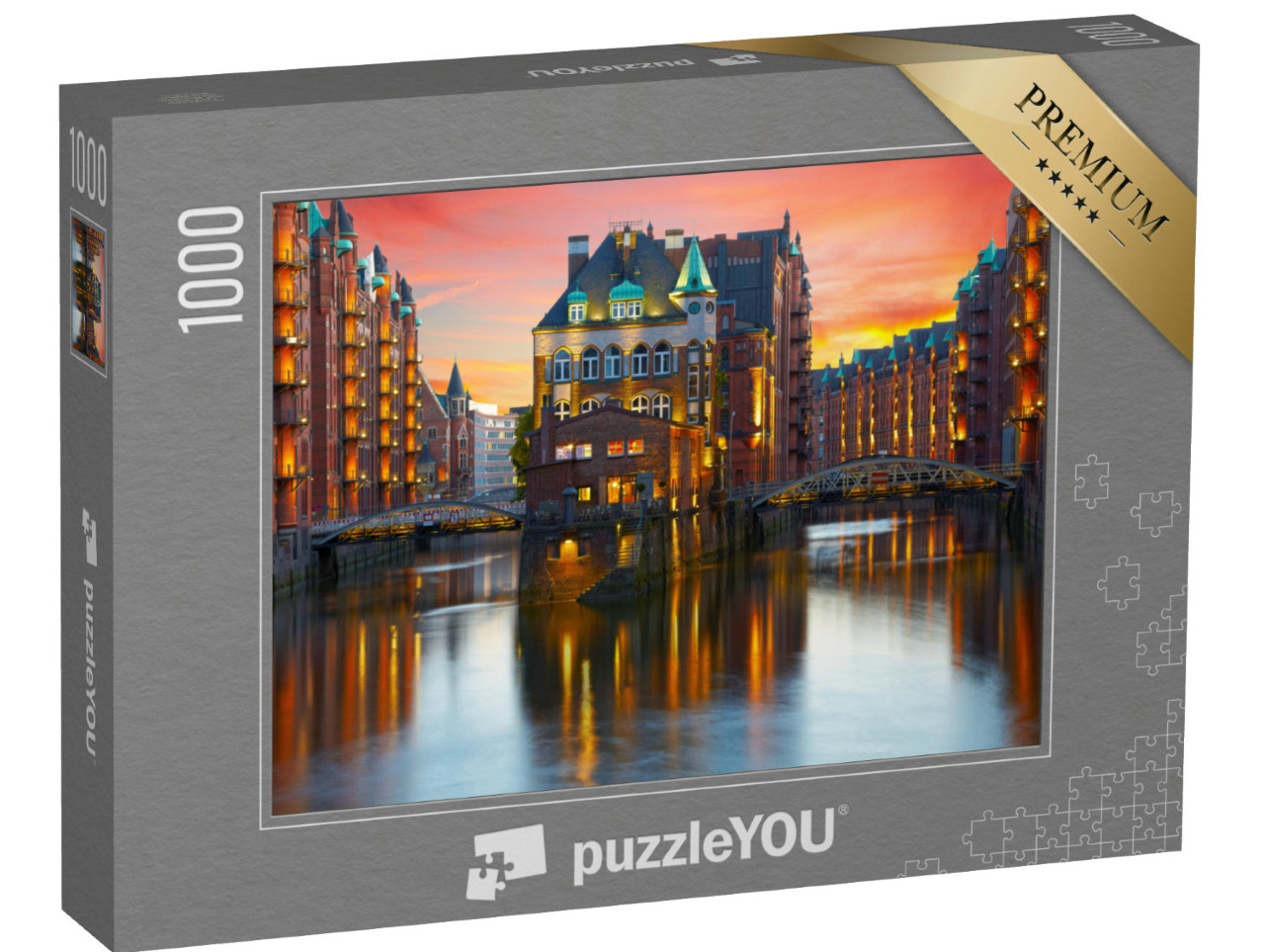 Puzzel 1000 stukjes „Oude pakhuiswijk in Hamburg bij nacht“