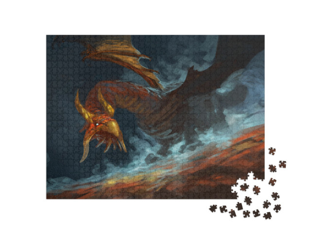 Puzzel 1000 stukjes „Rode draak met blauwe magie, wervelend, digitaal fantasieschilderij“
