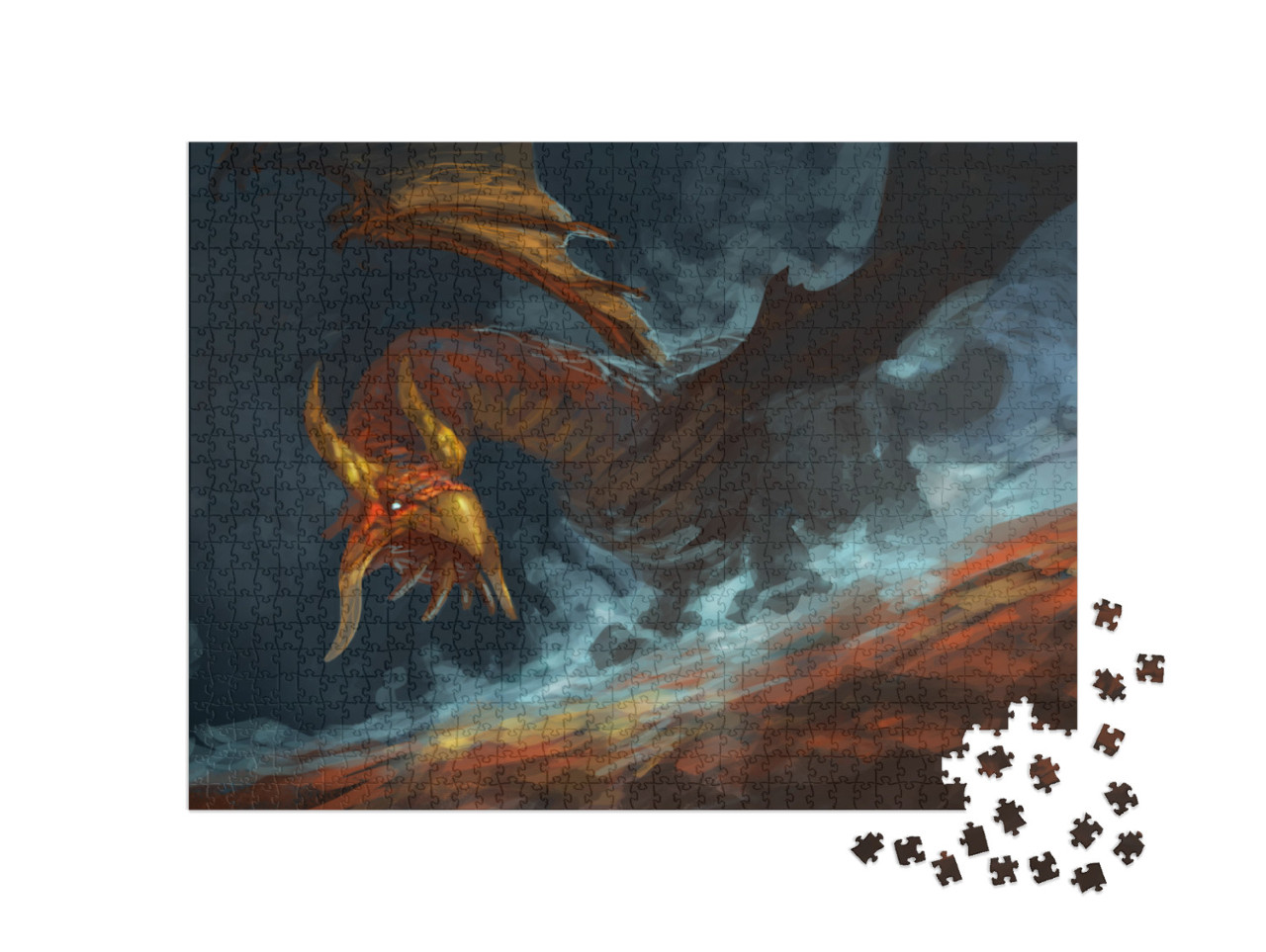 Puzzel 1000 stukjes „Rode draak met blauwe magie, wervelend, digitaal fantasieschilderij“