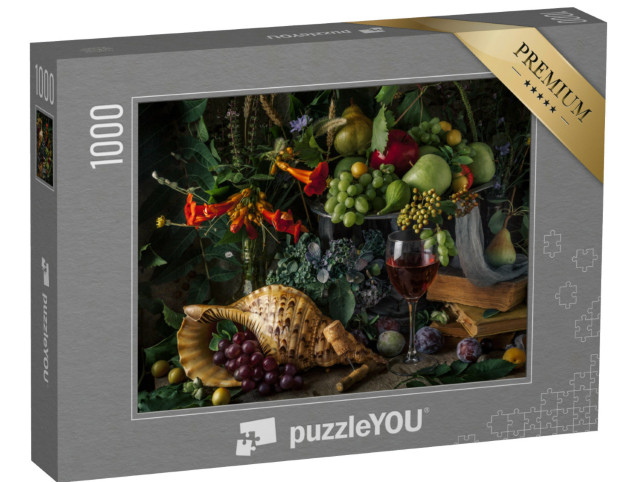 Puzzel 1000 stukjes „Stilleven met fruit en een glas rode wijn“