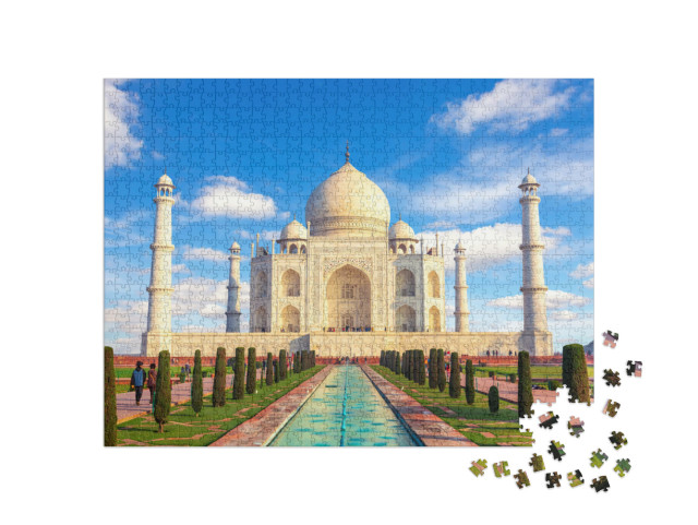 Puzzel 1000 stukjes „Uitzicht op de Taj Mahal op een zonnige dag, India“