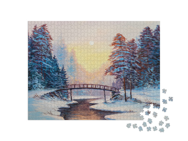 Puzzel 1000 stukjes „Winterlandschap met rivier, origineel olieverfschilderij“