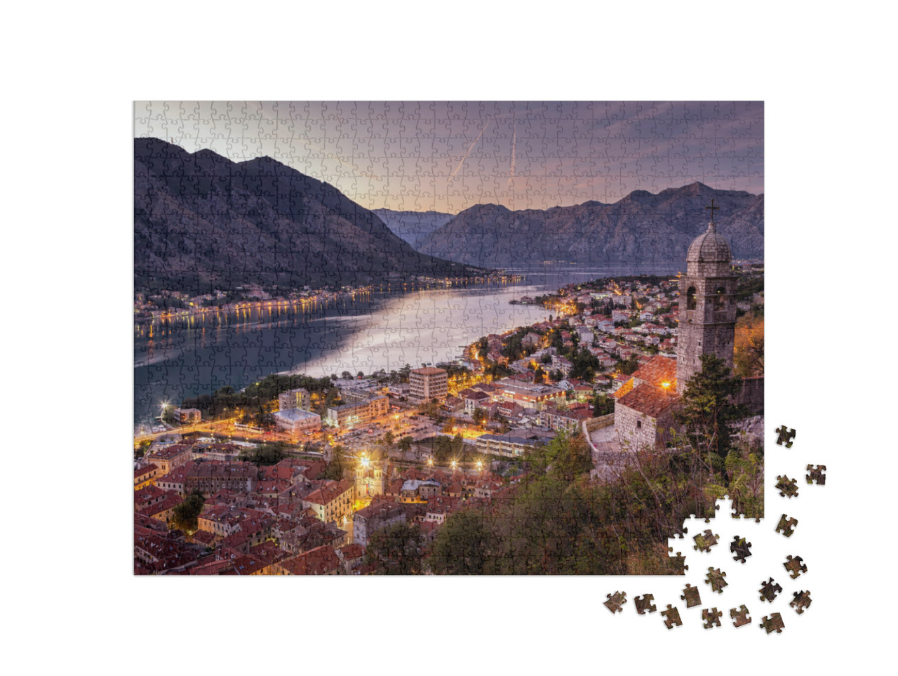 Puzzel 1000 stukjes „Montenegro: De stad Kotor bij zonsondergang“