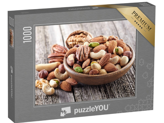 Puzzel 1000 stukjes „Notenmengsel in een houten bord“