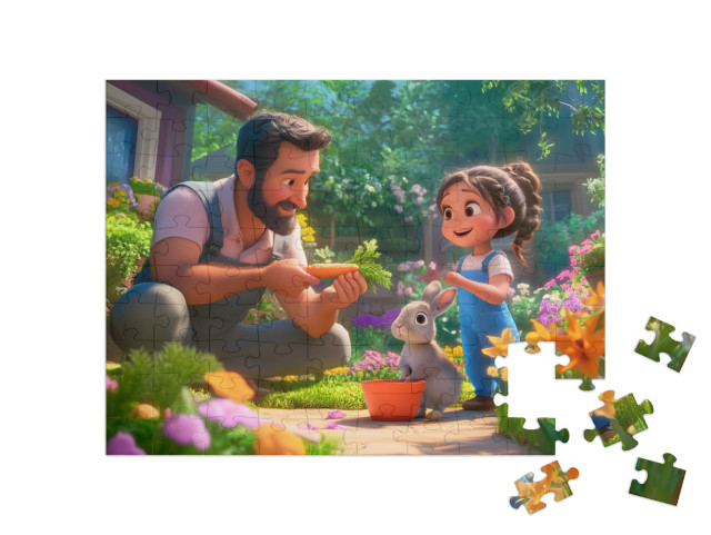 Puzzel 100 stukjes „Lentepret met papa en konijn“