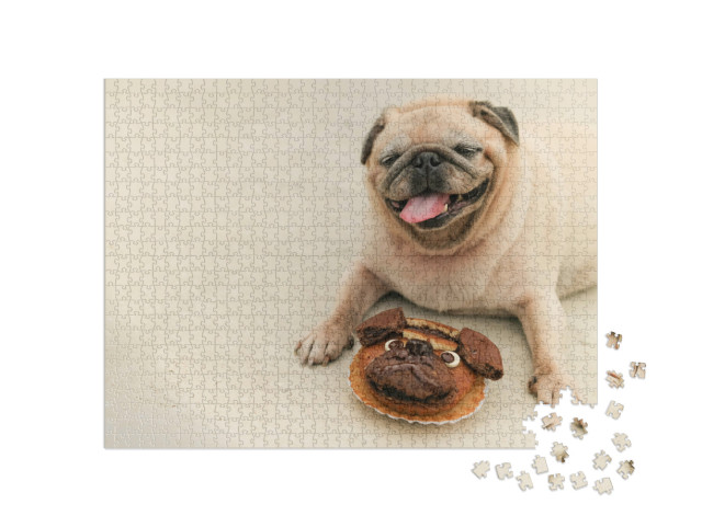 Puzzel 1000 stukjes „Mopshond met mopshond taart“
