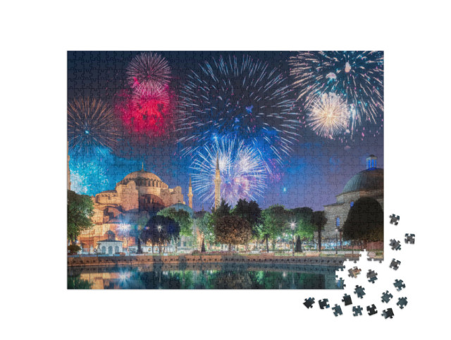 Puzzel 1000 stukjes „Vuurwerk boven de Hagia Sophia in Istanbul, Turkije“