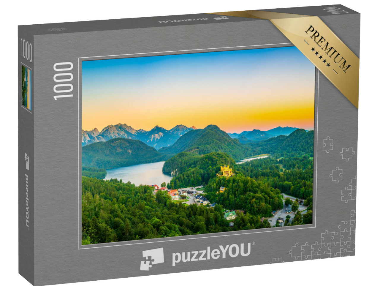 Puzzel 1000 stukjes „Alpsee met kasteel Hohenschwangau bij zonsopgang, Beieren“