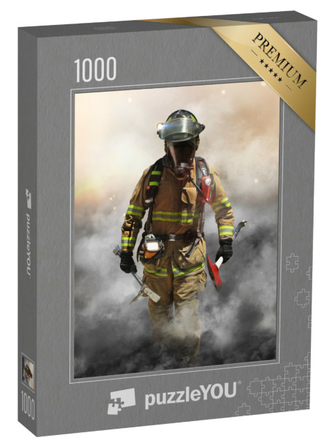 Puzzel 1000 stukjes „Brandweerman dringt door een muur van rook“