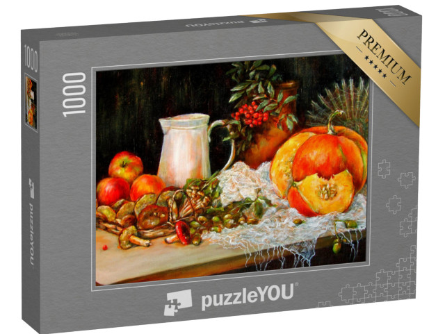 Puzzel 1000 stukjes „Herfststilleven met pompoen, paddenstoelen, eikels, kruik“