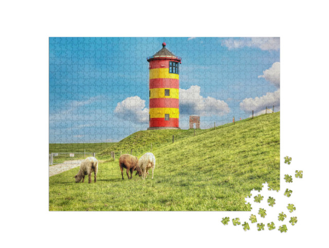 Puzzel 1000 stukjes „Schapen voor de vuurtoren van Pilsum aan de Duitse Noordzeekust“