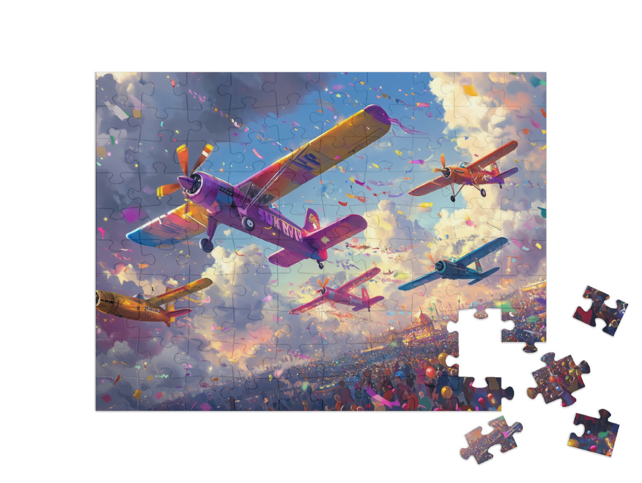 Puzzel 100 stukjes „Het kleurrijke vliegende feest“