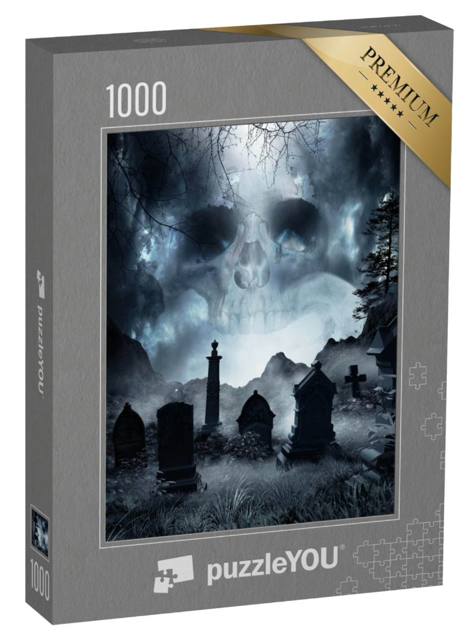 Puzzel 1000 stukjes „Nachtscène met mist en grafstenen, schedel op de achtergrond“