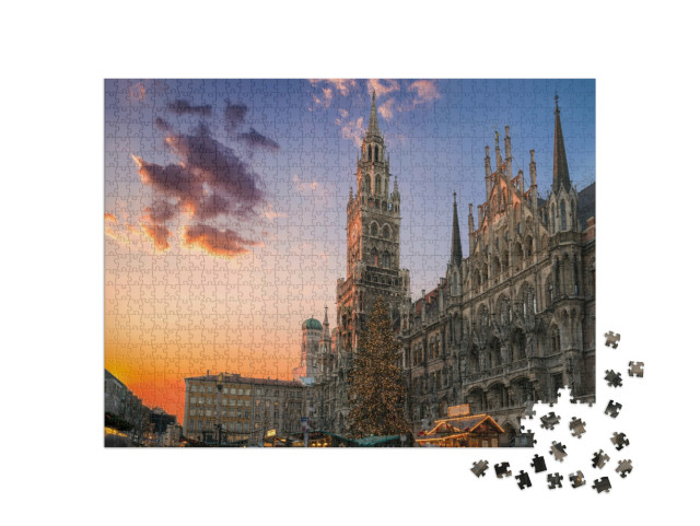 Puzzel 1000 stukjes „Kerstmarkt en kerstboom op Marienplatz, München“
