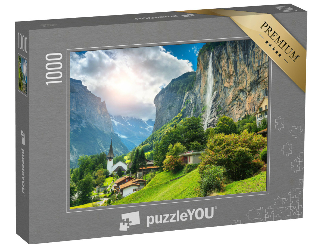 Puzzel 1000 stukjes „Pittoresk alpendorp met de Staubbach waterval, Lauterbrunnen, Zwitserland“