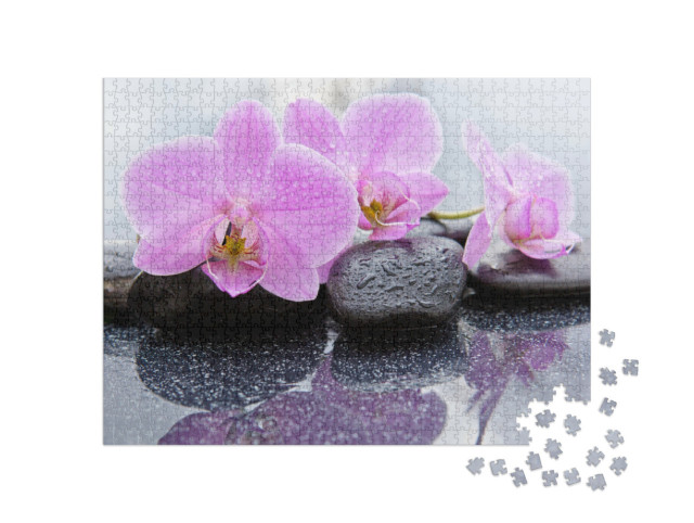 Puzzel 1000 stukjes „Lichtroze orchidee bloemen op natte kiezels“