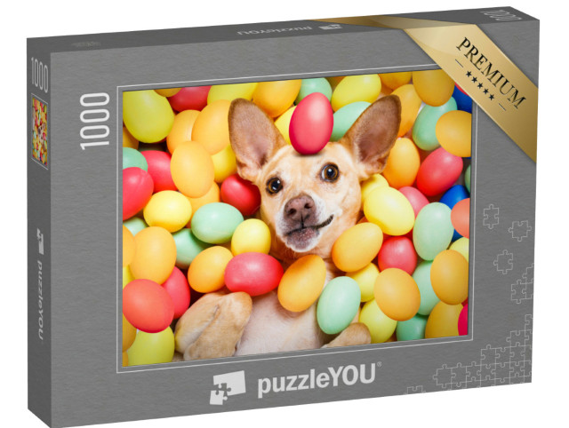 Puzzel 1000 stukjes „Een hond verstopt zich tussen kleurrijke paaseieren“