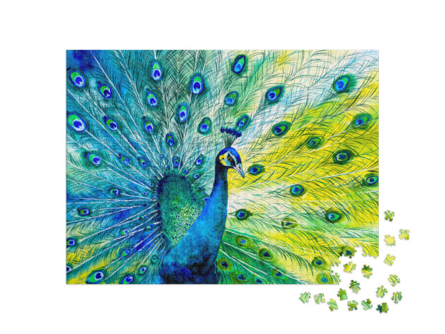 Puzzel 1000 stukjes „Aquarel: Pauw met open wiel“