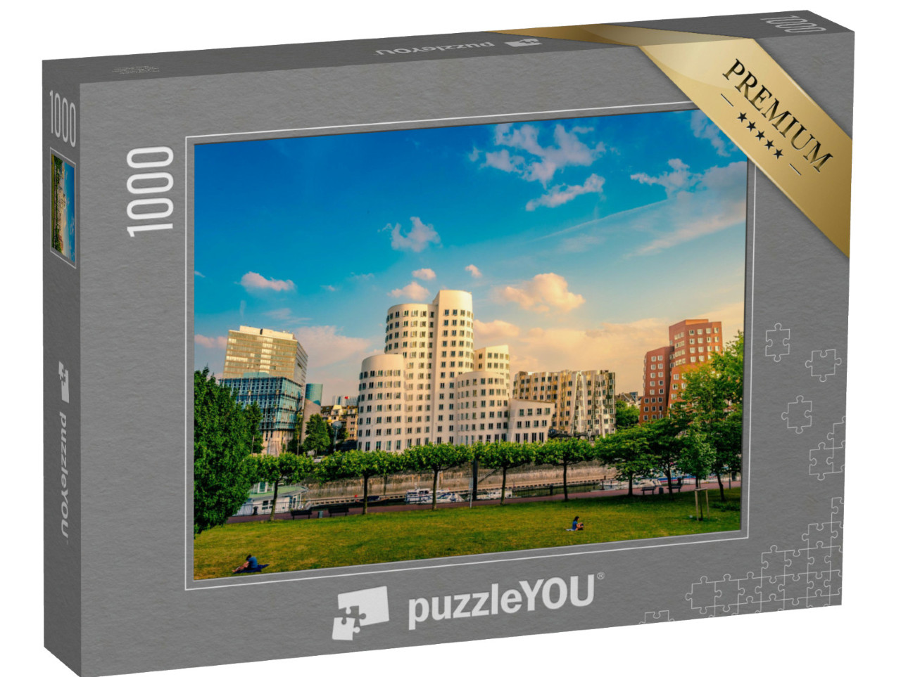 Puzzel 1000 stukjes „Uitzicht op de Mediahaven aan de Rijn, Düsseldorf, Duitsland“