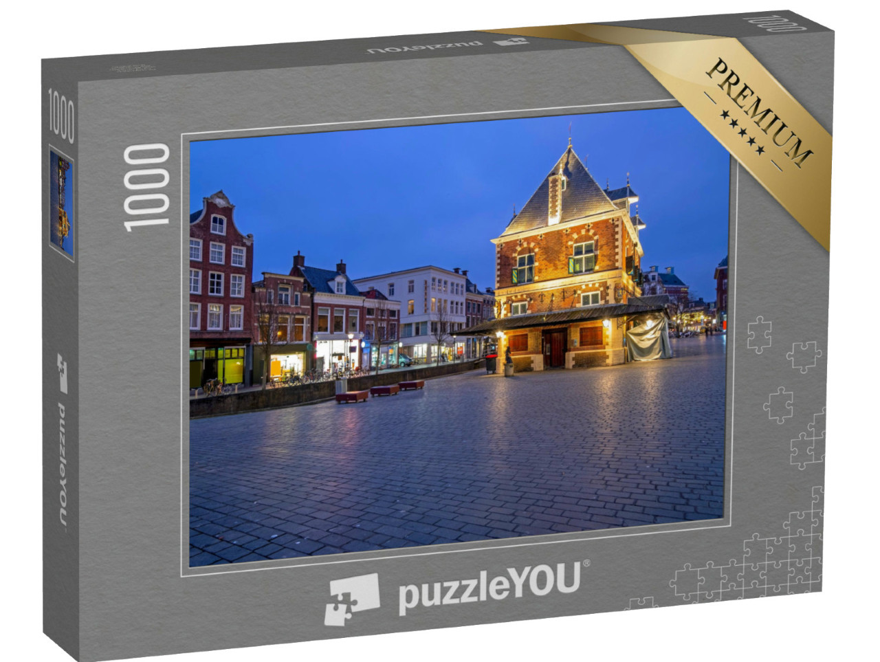 Puzzel 1000 stukjes „Stadsgezichten van Leeuwarden met het Waaggebouw bij zonsondergang“