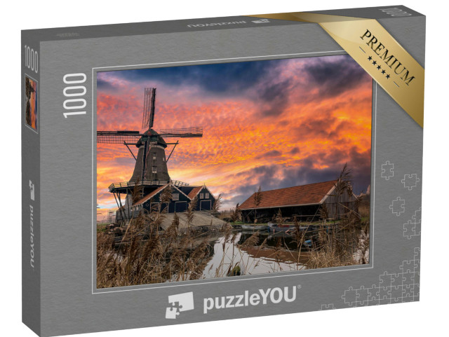 Puzzel 1000 stukjes „Windmolen op een rivier bij zonsopgang“