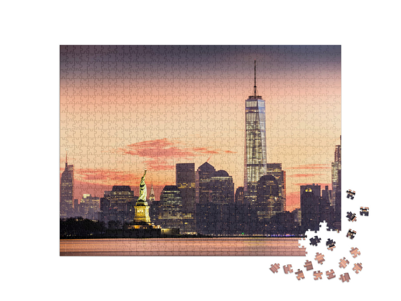Puzzel 1000 stukjes „Lower Manhattan met verlicht Vrijheidsbeeld bij zonsopgang“