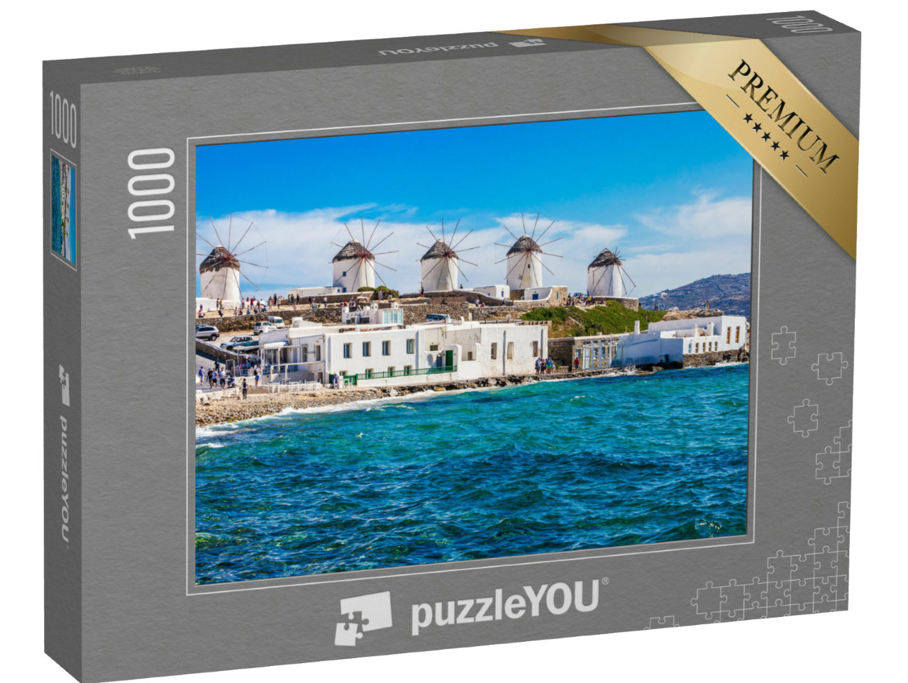 Puzzel 1000 stukjes „Windmolens aan de kust van Mykonos, Griekenland“
