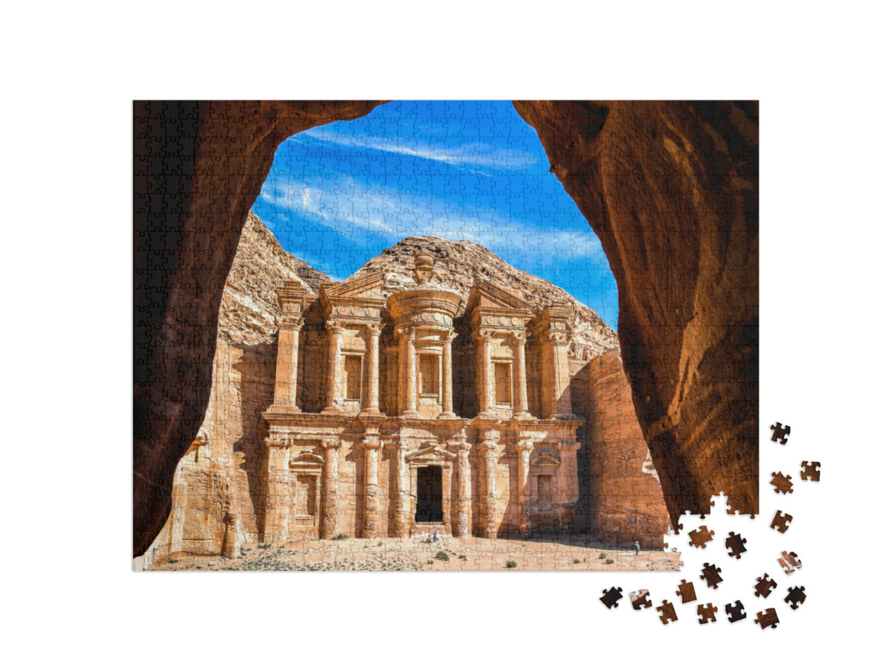 Puzzel 1000 stukjes „Uitzicht vanuit een grot van het Ad Deir klooster, Petra, Jordanië“