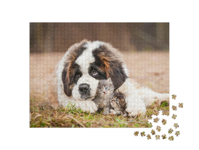 Puzzel 1000 stukjes „Beste vrienden: Sint Bernard puppy met kleine kitten“