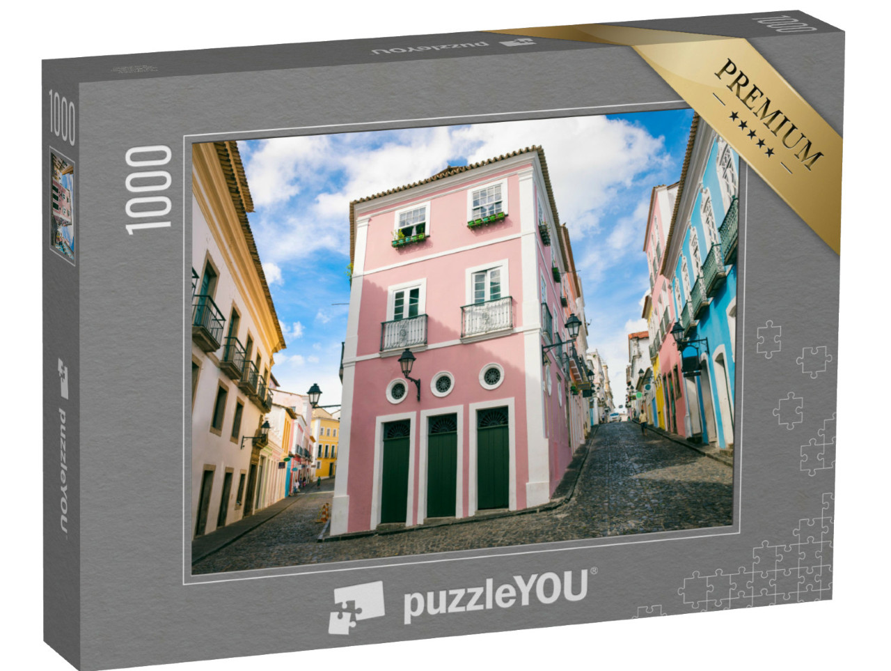 Puzzel 1000 stukjes „Keienstraten met kleurrijke koloniale architectuur, Salvador, Brazilië“
