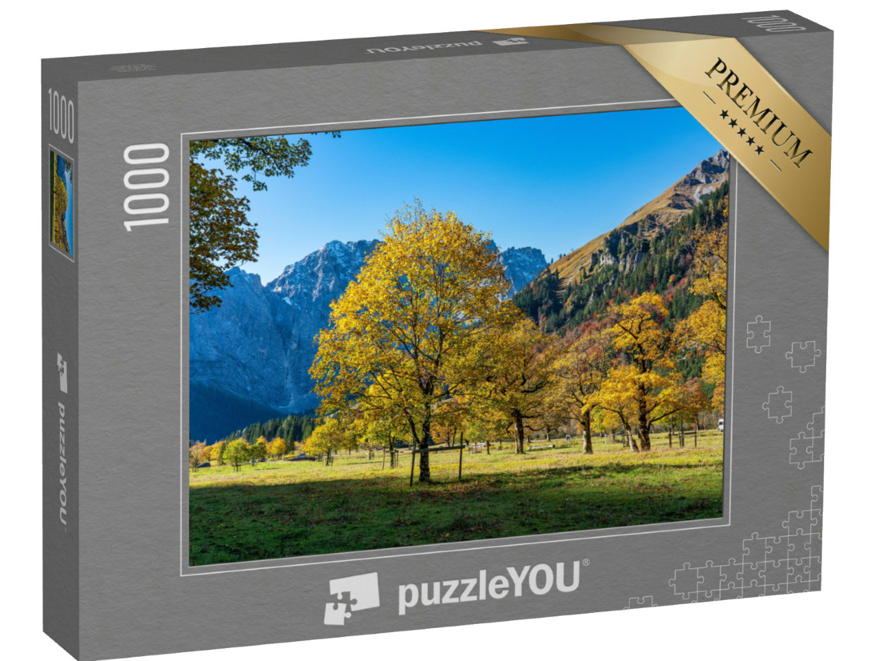 Puzzel 1000 stukjes „Zonnig herfstuitzicht op de esdoorns in Ahornboden, Karwendelgebergte, Oostenrijk“