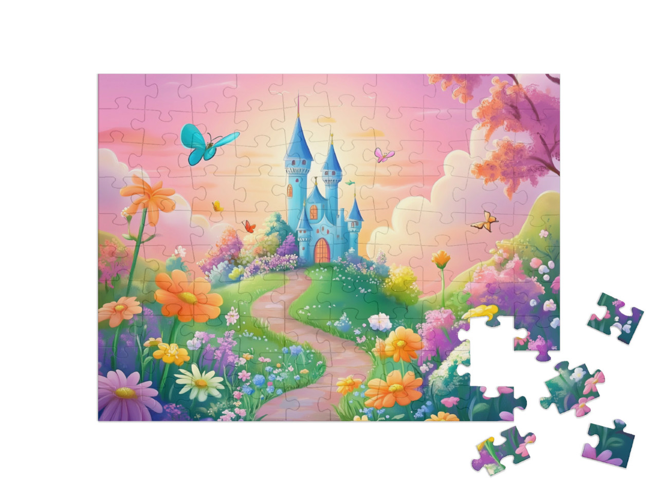 Puzzel 100 stukjes „Het kasteel van de prinses in een bloemrijk sprookjesland“