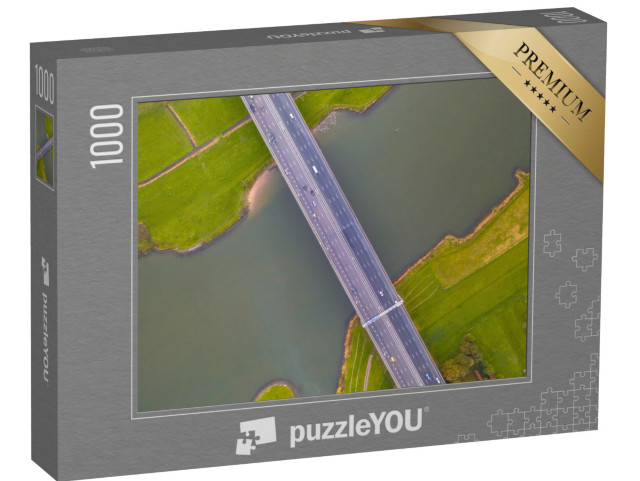 Puzzel 1000 stukjes „Luchtfoto van bovenaf van de IJssel met snelwegbrug in Zwolle“