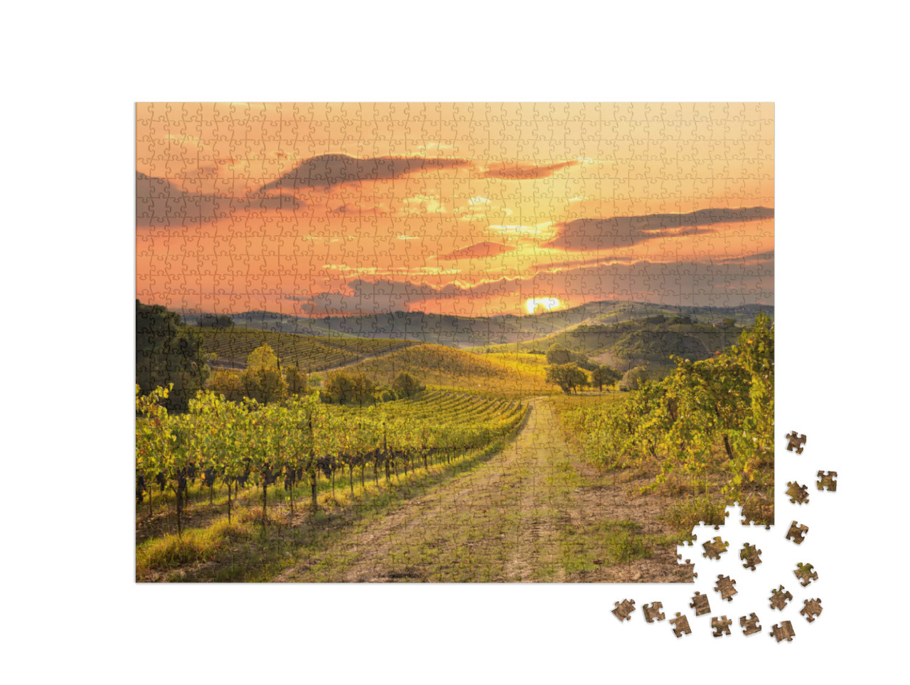 Puzzel 1000 stukjes „Wijngaarden en wijnmakerij bij zonsondergang“