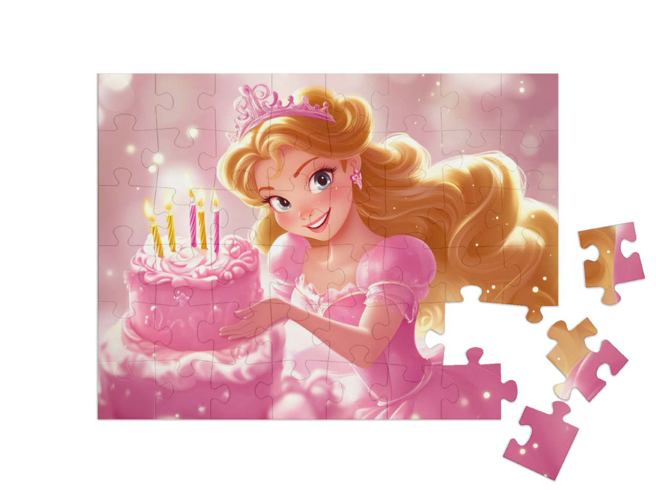 Puzzel 48 stukjes „De betoverende roze prinses viert haar verjaardag“