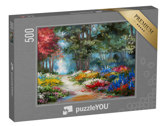 Puzzel 500 stukjes „Olieverfschilderij: Bospad omzoomd met bloemen“