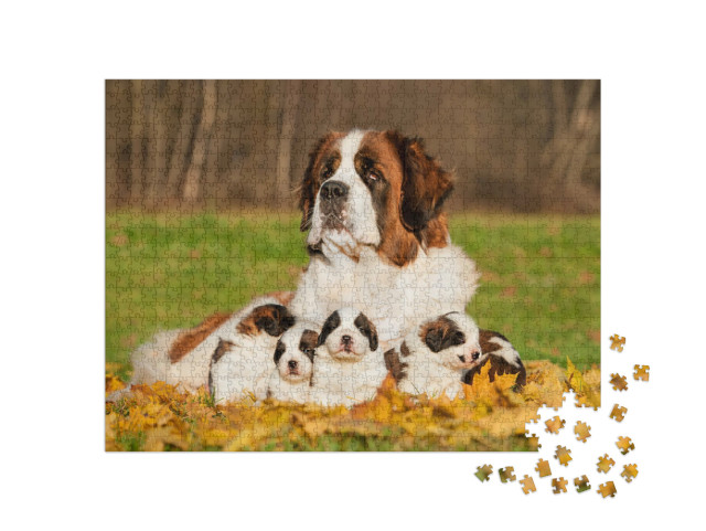 Puzzel 1000 stukjes „Sint Bernard met puppies in de herfst“