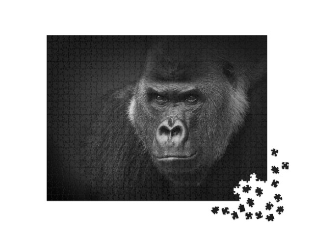 Puzzel 1000 stukjes „Close-up van een gevaarlijk uitziende zilverrug, gorilla“