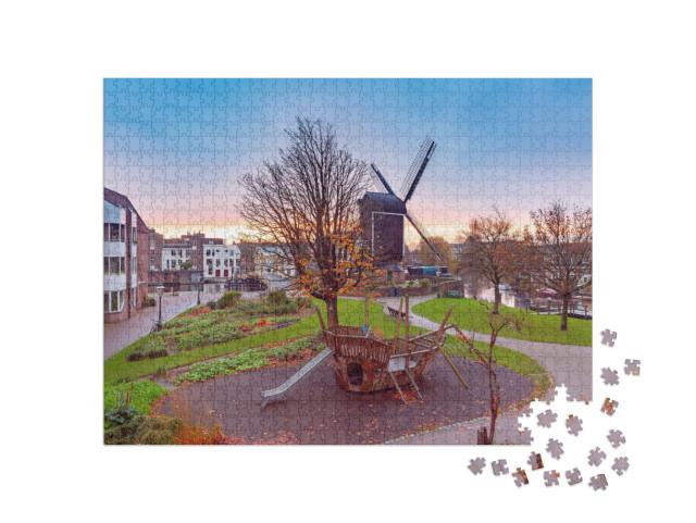 Puzzel 1000 stukjes „Molen De Put bij zonsopgang, Leiden, Zuid-Holland“