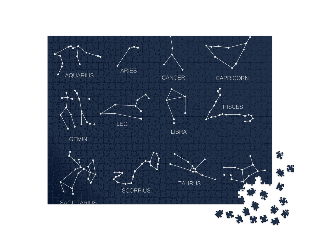 Puzzel 1000 stukjes „Sterrenbeelden, twaalf tekens van de dierenriem, blauwe achtergrond“